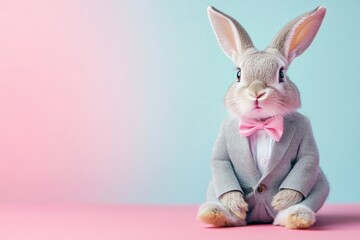 Obraz premium Cute rabbit in a suit with a bow tie against a pastel background during a studio photoshoot