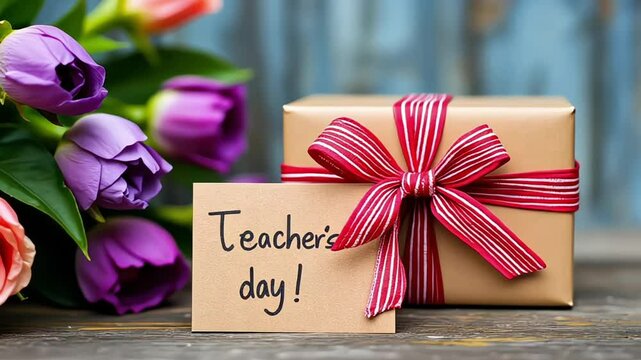 Gift box with red ribbon and Teacher's Day card on wooden table, flowers in background