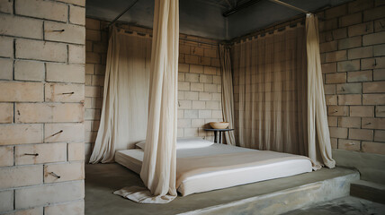 A bedroom with a low, simple bed and sheer curtains