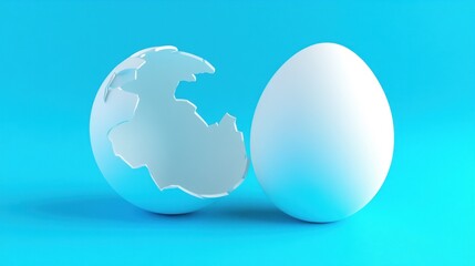 Cracked egg shell beside whole egg on blue background.