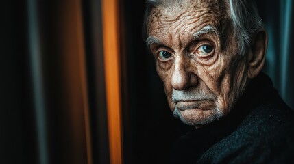An elderly man with prominent wrinkles looks thoughtfully to the side, illuminated by soft light filtering through vertical lines. His expression conveys depth and experience