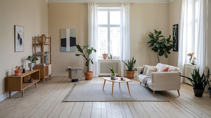 A spacious living room with light wooden floors and an airy vibe