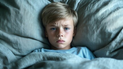 A young boy rests in bed, surrounded by soft blankets, with a worried expression on his face. His blue eyes reflect deep thoughts, hinting at concerns or anxiety