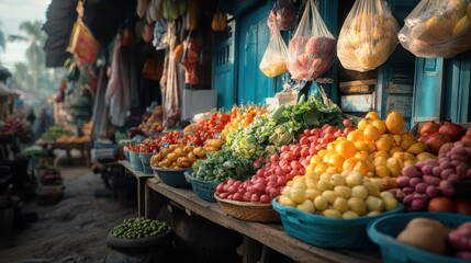 A colorful farmers market with stalls of fresh fruits and vegetables.