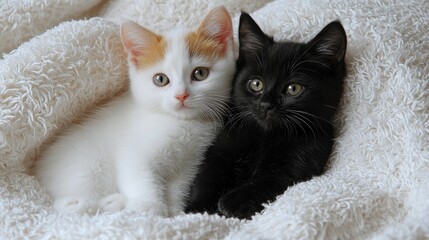 Obraz premium Two kittens cuddling on a fluffy blanket, indoors. Perfect for pet product ads