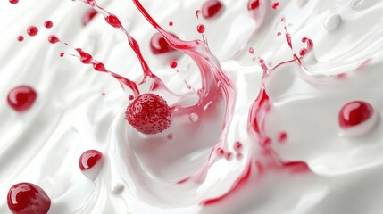 Raspberries splashing into creamy milk.