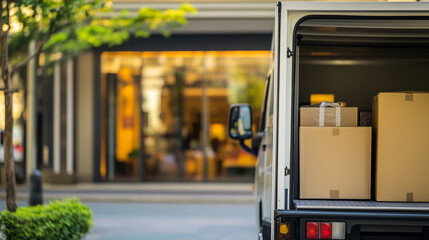 Delivery truck parked at store entrance with packages, blurred background.