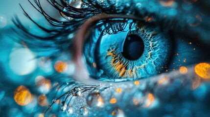 Close-up blue eye with water drops and bokeh background