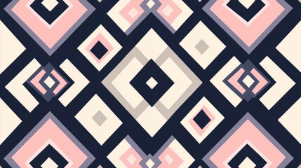 Abstract geometric seamless pattern with pink, beige, and gray diamonds on dark background.