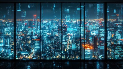 Cityscape night view through window with data overlay