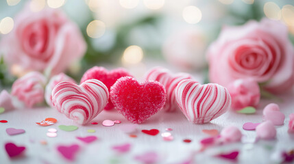 Pink Heart-Shaped Candies and Roses with Romantic Decorations