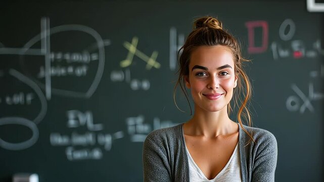 female teacher standing in front of the blackboard with her arms crossed, smiling at the camera. Teachers day. Back to school. Student day