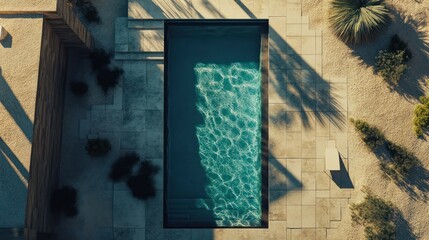 Desert oasis pool, aerial view, modern architecture, sunlit patio