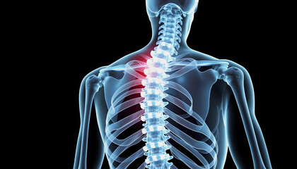 Human Skeleton Depicting the Spine and Neck, Back Pain, Neck Pain in X-ray Film Style , with white tonespng