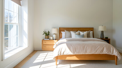 A bedroom with a wooden bed frame and soft, neutral bedding