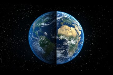 Obraz premium Earth viewed from space highlights continents and oceans in a breathtaking cosmic perspective during daylight and night