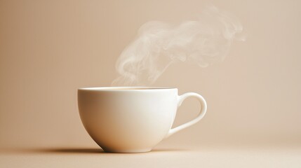 Obraz premium Steam rising from a coffee cup on a neutral beige backdrop in a calming setting