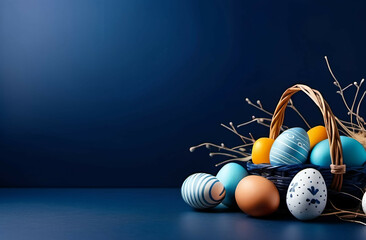 dark blue background copy space with easter eggs and decoration, free space for text and greetings