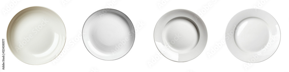Poster Four different styles of white ceramic plates arranged in a row on a simple background showcasing their shapes and designs