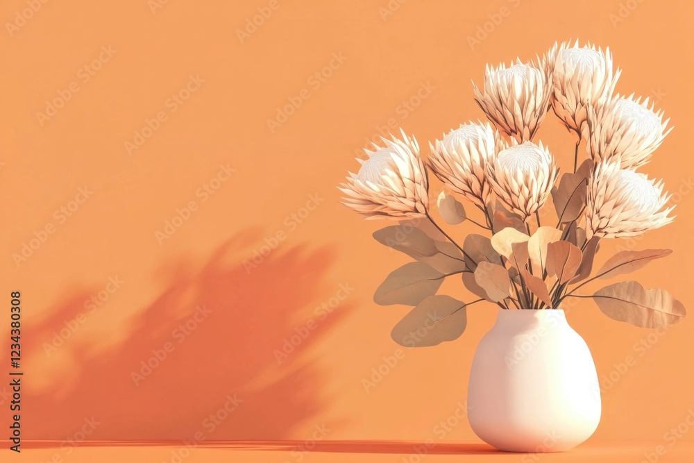 Sticker A minimalist vase filled with dried white flowers against a warm orange background, creating a tranquil and stylish home decor ambiance