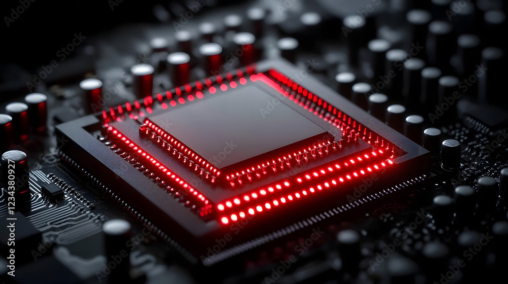 Poster this image depicts a microchip with red illuminated circuits on a black motherboard, showcasing adva