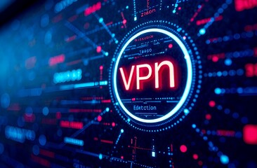 Close-up of a digital VPN interface with neon red and blue lights, displaying the VPN logo with data streams and cyber elements in the background. Online privacy and cybersecurity.