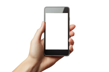 A person holding a mobile phone with a blank screen. PNG