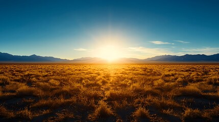 Obraz premium Golden Hour Desert Sunset Landscape with Distant Mountains