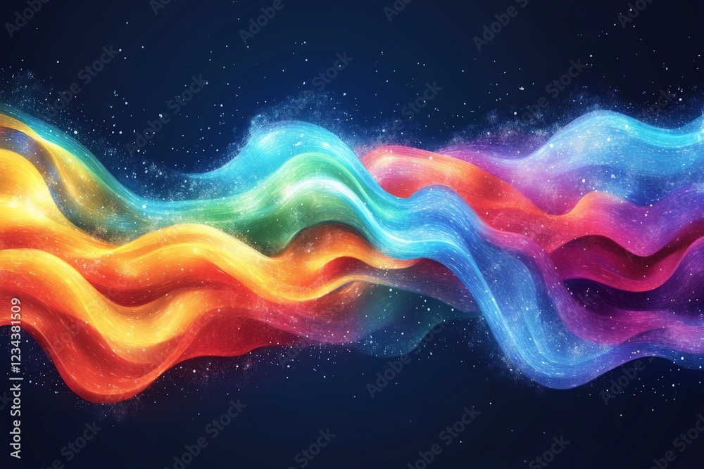 Poster Colorful waves of light flow through a starry background creating a mesmerizing cosmic effect
