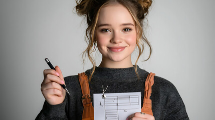A girl is holding a pen and a piece of paper. generated using AI