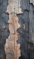 Naklejka premium Striped tree bark: contrasting textures of weathered and charred wood.