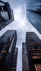 Fototapeta premium Modern skyscrapers pierce a cloudy sky, their glass facades reflecting the urban environment.