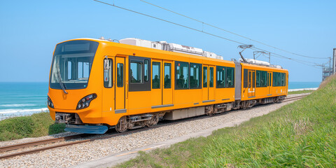 Obraz premium Bright orange tram traveling along coastal railway with scenic sea view