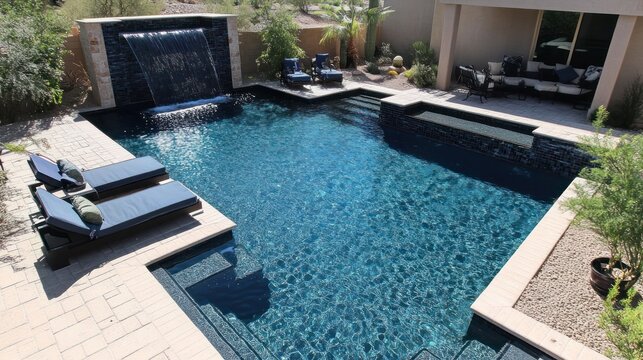 Luxury backyard pool, spa, waterfall, patio