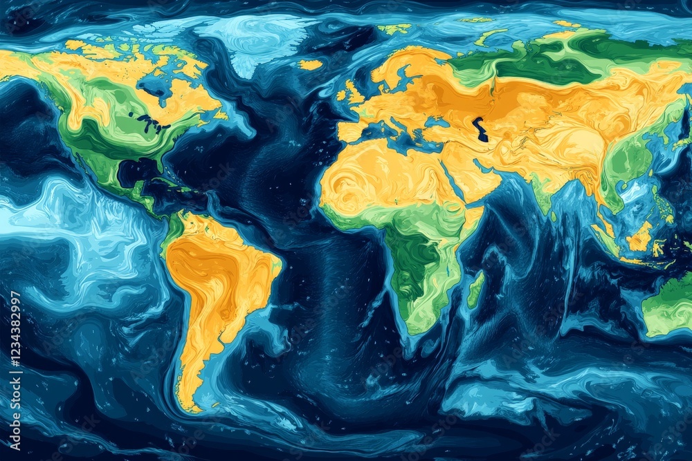 Poster colorful world map with vibrant textures illustrating geographical features and ocean currents