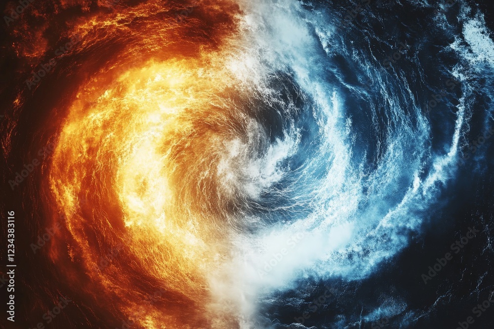Fototapete visual representation of fire and water elements colliding in a dynamic swirl at dusk