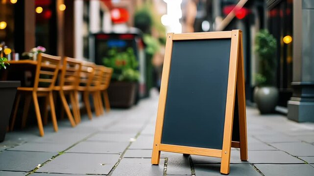 Empty sandwich board with a chalk drawing of a chef and a menu on a sidewalk in front of a restaurant