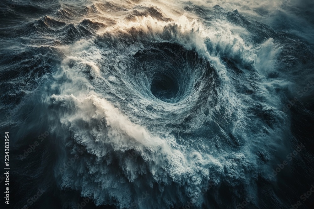 Poster swirling ocean vortex creates dramatic scene at dawn with turbulent waves and swirling clouds