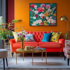 A vibrant living room with floral accents and gold-accented furniture, blending comfort with elegance.
