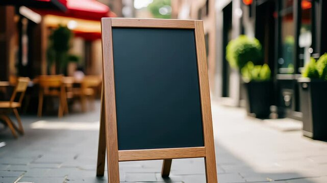 Empty sandwich board with a chalk drawing of a chef and a menu on a sidewalk in front of a restaurant