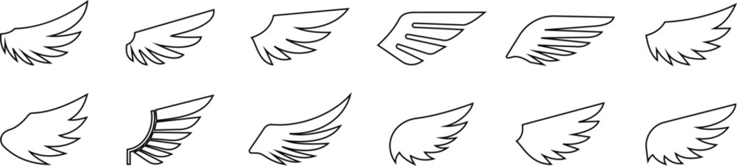 Obraz premium Angel wings icon set fly signs, pilot symbols graphic design elements ideal for logo, emblem badge design. Versatile for art, heraldry, animal symbolism. Ranging from simple to intricate feather scale