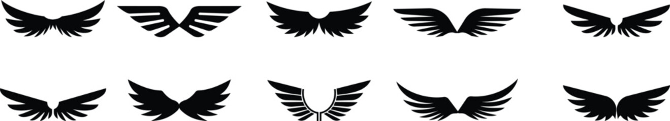 Angel wings icon set fly signs, pilot symbols graphic design elements ideal for logo, emblem badge design. Versatile for art, heraldry, animal symbolism. Ranging from simple to intricate feather scale