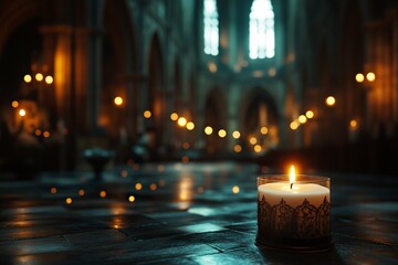 Burning Candle in Cathedral Interior Peaceful Night Scene