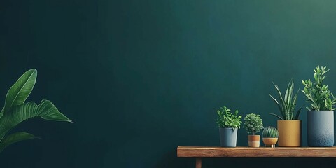 Green plants in various plant pots on wooden stands against the backdrop of a dark teal paneled wall, a modern home gardening concept with an elegant and diverse