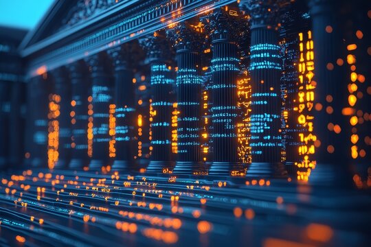 Digital code illuminating classical columns in futuristic setting.