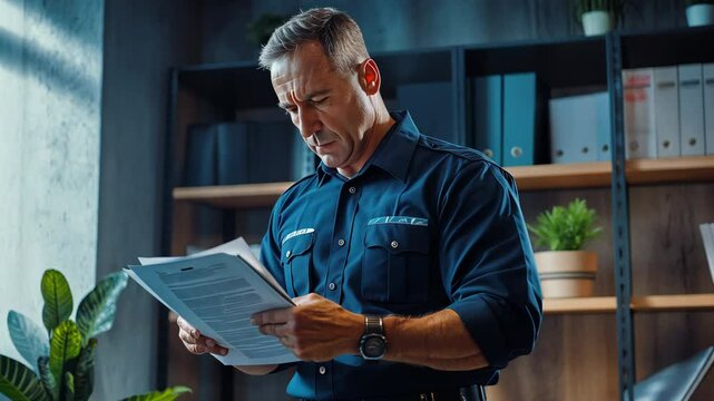 Professional policeman in uniform reviews important documents in modern workspace. Shelves filled with organized folders. Diligence and attention to detail. Analysis detective conducting investigation
