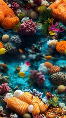 Fototapeta premium Vibrant underwater scene with salmon, coral, and colorful fish. A surreal blend of ocean life and delicious food.
