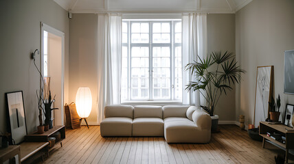 A cozy living room with a minimalist sectional sofa and a single potted plant