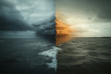 Dramatic contrast of stormy and serene skies over the ocean at sunset