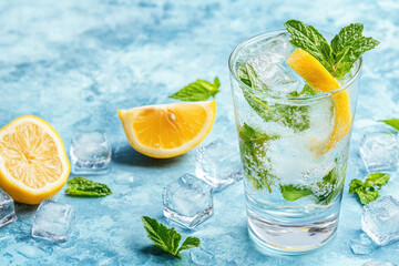 Fototapeta premium Refreshing Citrus Mocktail with Mint Garnish in a Glass on Light Blue Background